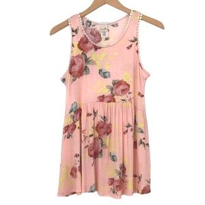 Brendas USA Pink Floral Sleeveless Tank Top Size M Pom Pom Trim Soft & Stretchy